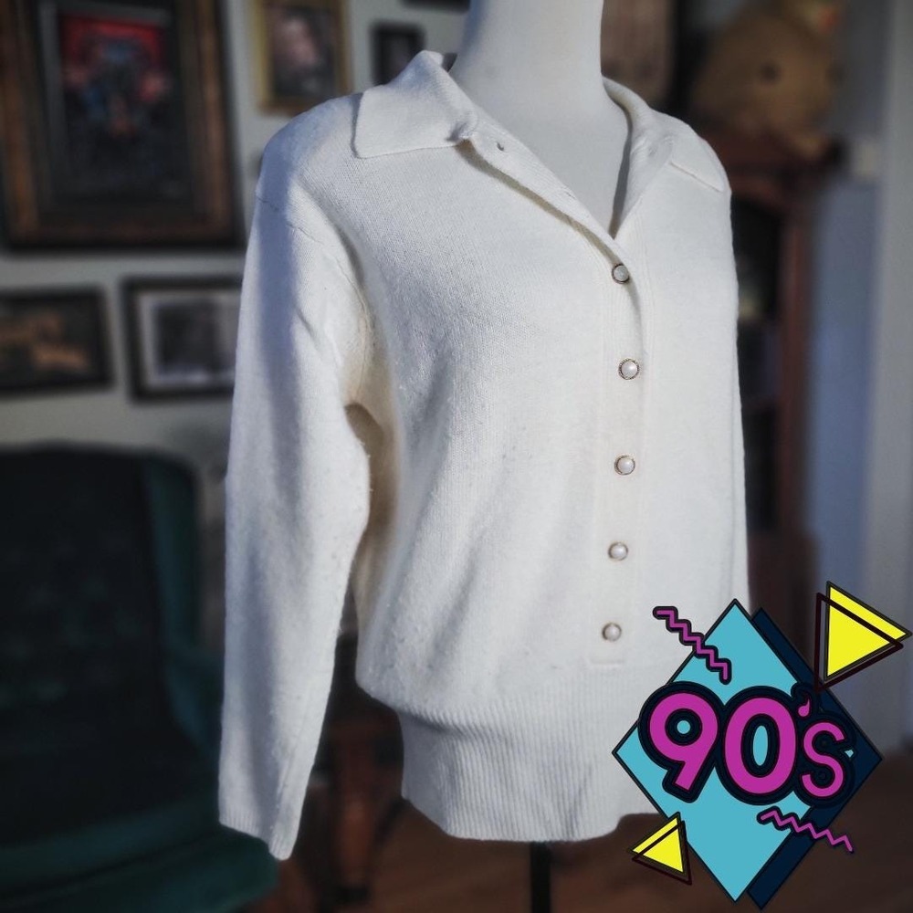 Vintage 90s SML Sport Cream Lambswool Angora Nylon Collar Sweater Top Women's S